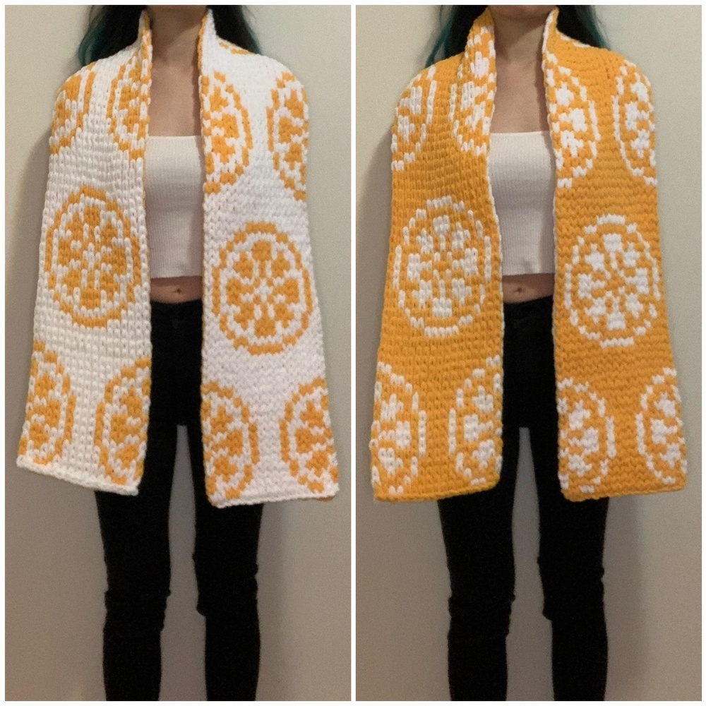 Handknit Yellow White Lemon Orange Slice Chunky Chenille Knit Scarf Handmade Y2k